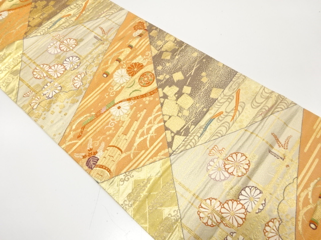 切りばめ風　古楽器・菊・古典柄織り出し　袋帯